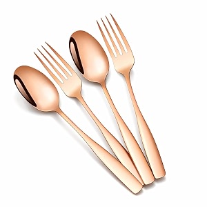 rosegold spoon and fork set  4-piece matte stainless steel flatware set  modern cutlery for dining table setting camping amp gifting  dishwasher safe rust-resistant