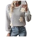 RoseSeek Women's 3D Floral Appliques Sweaters Long Sleeve Knit Tops