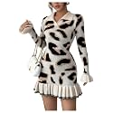 RoseSeek Women's Leopard Print Sweater Dress Cheetah Ruffle Hem Mini Dress