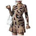 RoseSeek Women's Leopard Print Sweater Dress Cheetah Ruffle Hem Mini Dress