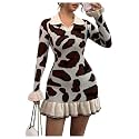 RoseSeek Women's Leopard Print Sweater Dress Cheetah Ruffle Hem Mini Dress
