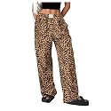 RoseSeek Women's Letter Leopard Print Y2K Straight Elastic Waist Leg Pants