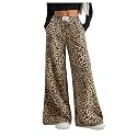 RoseSeek Women's Letter Leopard Print Y2K Straight Elastic Waist Leg Pants