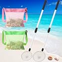 Roshtia 2 Pack Beach Sand Sifter Scoop with Seashell Bags, 18.5"- 30" Adiustable Shark Tooth Sifter Long Handle Sand Digger Scooper for Shell & Shark Tooth Collect Tool Toy for Adult Kid(Pink, Green)