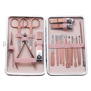 ross manicure amp pedicure kit  professional stainless steel grooming set with nail clippers cuticle trimmer scissors amp tweezers  travel-ready care kit for men amp women 18-in-1 pink