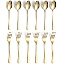 Cutlery Set 12 PCS Stainless Steel Gold Premium Spoon Set Luxury Dinning Tabelware Gift for House Warming (12 PCS Spoon and Fork), 17 cm