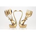 Cutlery Set Stainless Steel Gold Premium Spoon Set Luxury Dinning Tabelware Gift for House Warming (6PCS Fork and Stand), 17 cm
