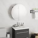 Round Bathroom Cabinet, Oak Engineered Wood, Glass, PVC, Copper, 15.7x15.7x15.7 Inch, Wall Mounted with LED Light, Ample Storage for Cosmetics, Toiletries