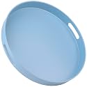 Round Blue Decorative Serving Tray with Handles, 13” Versatile Ottoman Tray for Coffee Table, Entertaining, Outdoor Patio, Living Room