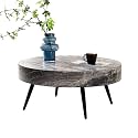 Round Coffee Table, Small Wood Marble Coffee Table with Metal Legs, Modern Mid Century Circle Tables Accent Center Tables for Living Room Apartment Small Space (31.5''D-Marble Grey)
