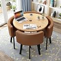 Round Dining Table and Chairs Set 4, Office Reception Room Club Table and Chair Set, Space-Saving Small Meeting Room Table for Home Living Room Balcony Cafe Break Room, PU Coffee