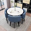Round Dining Table Set for 4 Marble Table with Chairs Office Reception Desk and Chair Set Suitable for Lounge Living Room Office Space Modern and Elegant Design,Sea Blue-Round-Fabric
