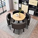 Round Dining Table Set for 4 with Marble Top and Chairs Office Reception Desk and Chair Set Suitable for Lounge Living Room Modern Furniture Dining Set,Black 1-Round-Leather