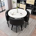 Round Dining Table Set for 4 Marble Table with Chairs Office Reception Desk and Chair Set Suitable for Lounge Living Room Office Space Modern and Elegant Design,Carbon Black-Round-Leather
