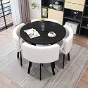 Round Dining Table Set for 4 Marble Table with Chairs Office Reception Desk and Chair Set Suitable for Lounge Living Room Office Space Modern and Elegant Design,Cool White-Round-Leather