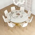 Round Dining Table Set for 6-8 People,59” Kitchen Dining Room Table Set, Sintered Stone Tabletop with Stainless Steel Base and 8 Pcs White Chairs