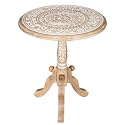 Round End Table, 18x21 Inch, White Wash, Handcrafted Engraved Carved Side Table with Pedestal Base, Solid Mango Wood