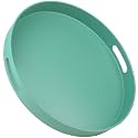 Round Green Decorative Serving Tray with Handles, 13” Versatile Ottoman Tray for Coffee Table, Entertaining, Outdoor Patio, Living Room