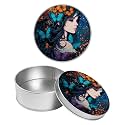 Round Metal Tin Container with Removable Lid, Butterfly Girl Durable Metal Storage Box for Crafts Snacks Candies Office Supplies Small Items 3.54 x 1.38 inch– Single Pack