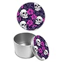 Round Metal Tin Container with Removable Lid, Purple Flower Skull Durable Metal Storage Box for Cookies Spices Tea Candies Cakes Jewelry Cosmetics 3.54 x 2.36 inch– Single Pack