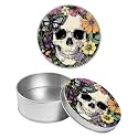 Round Metal Tin Container with Removable Lid, Colorful Flowers Skull Durable Metal Storage Box for Crafts Snacks Candies Office Supplies Small Items 3.54 x 1.38 inch– Single Pack