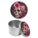 Round Metal Tin Container with Removable Lid, Pink Flower Skull Durable Metal Storage Box for Cookies Spices Tea Candies Cakes Jewelry Cosmetics 3.54 x 2.36 inch– Single Pack