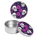 Round Metal Tin Container with Removable Lid, Purple Flower Skull Durable Metal Storage Box for Crafts Snacks Candies Office Supplies Small Items 3.54 x 1.38 inch– Single Pack