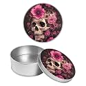 Round Metal Tin Container with Removable Lid, Pink Flower Skull Durable Metal Storage Box for Crafts Snacks Candies Office Supplies Small Items 3.54 x 1.38 inch– Single Pack