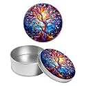 Round Metal Tin Container with Removable Lid, Art Color Tree Durable Metal Storage Box for Crafts Snacks Candies Office Supplies Small Items 3.54 x 1.38 inch– Single Pack