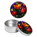 Round Metal Tin Container with Removable Lid, Glass Tulips Durable Metal Storage Box for Crafts Snacks Candies Office Supplies Small Items 3.54 x 1.38 inch– Single Pack
