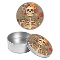 Round Metal Tin Container with Removable Lid, Flower Skulls Durable Metal Storage Box for Crafts Snacks Candies Office Supplies Small Items 3.54 x 1.38 inch– Single Pack