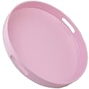 Round Pink Decorative Serving Tray with Handles, 13” Versatile Ottoman Tray for Coffee Table, Entertaining, Outdoor Patio, Living Room