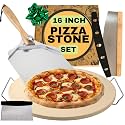 Round Pizza Stone for Oven 16 inch - Large Pizza Stone with Handles, Metal Pizza Peel, Pizza Cutter and Dough Tool - Baking Stone for Oven Bread - Thick Durable Cordierite Baking Stones
