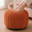 Round Pouf Ottoman, Burnt Orange, 24"x14", Shredded Foam Fill