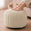 Round Pouf Ottoman, Ivory, 24"x14", Shredded Foam Fill