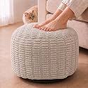 Round Pouf Ottoman, Light Gray, 24"x14", Shredded Foam Fill