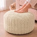 Round Pouf Ottoman, Ivory, 28"x14", Corduroy Foot Rest
