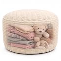 Round Pouf Ottoman Cover Only, Ivory, 28"x14", Large Storage Cover