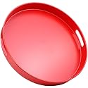 Round Red Decorative Serving Tray with Handles, 13” Versatile Ottoman Tray for Coffee Table, Entertaining, Outdoor Patio, Living Room