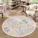 Round Rug 4ft Floral Circle Rug Pink Botanical Indoor Area Rugs