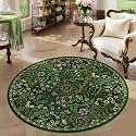 Round Rug 4ft Floral Circle Rug Green Botanical Indoor Area Rug