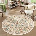 Round Rug 4ft Floral Circle Rug Beige Botanical Indoor Area Rugs