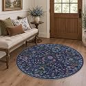 Round Rug 4ft Floral Circle Rug Blue Botanical Indoor Area Rug