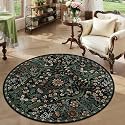 Round Rug 4ft Floral Circle Rug Black Botanical Indoor Area Rugs