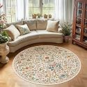 Round Rug 5ft Floral Circle Rug Beige Botanical Indoor Area Rugs