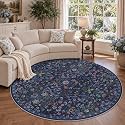 Round Rug 6ft Floral Circle Rug Blue Botanical Indoor Area Rugs
