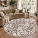 Round Rug 6ft Floral Circle Rug Khaki Botanical Indoor Area Rug