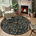 Round Rug 6ft Floral Circle Rug Black Botanical Indoor Area Rugs