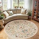 Round Rug 6ft Floral Circle Rug Beige Botanical Indoor Area Rugs