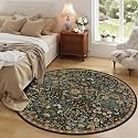 Round Rug 6ft Floral Circle Rug Brown Botanical Indoor Area Rug